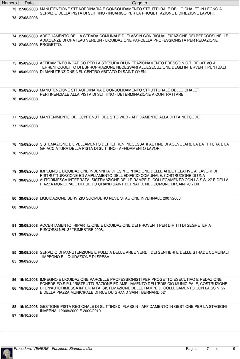 27/08/2008 PROGETTO. 75 05/09/2008 AFFIDAMENTO INCARICO PER LA STESURA DI UN FRAZIONAMENTO PRESSO N.C.T. RELATIVO AI TERRENI OGGETTO DI ESPROPRIAZIONE NECESSARI ALL'ESECUZIONE DEGLI INTERVENTI PUNTUALI 75 05/09/2008 DI MANUTENZIONE NEL CENTRO ABITATO DI SAINT-OYEN.