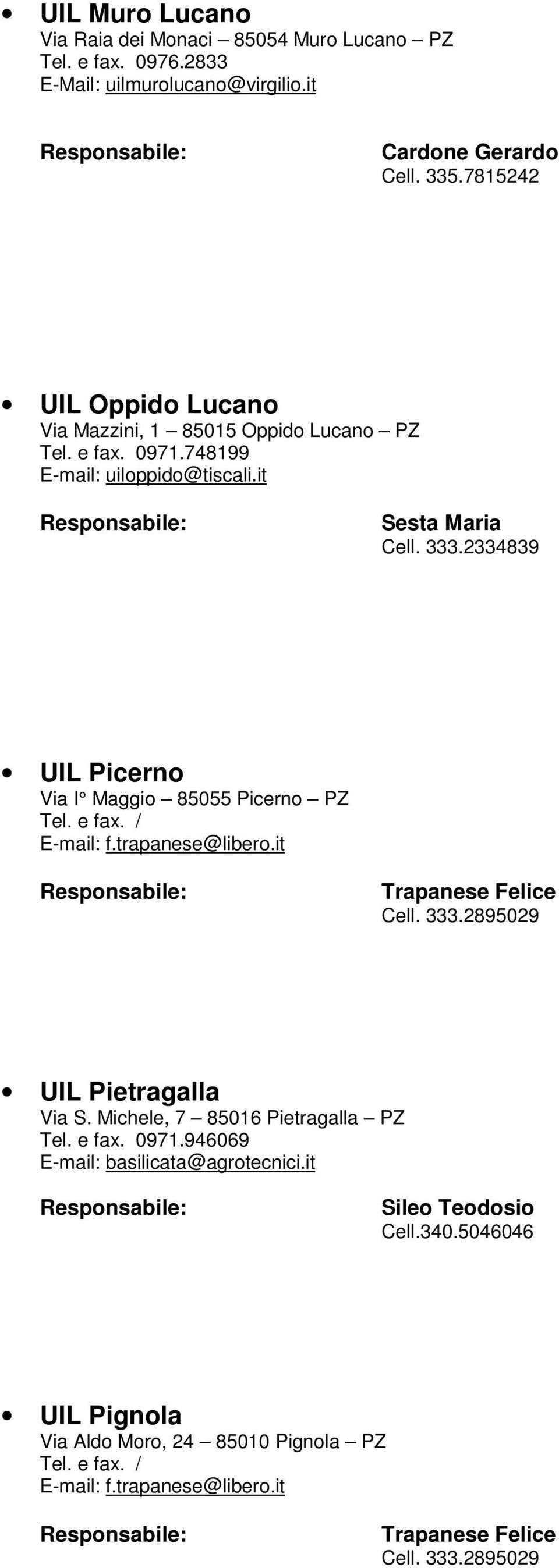 2334839 UIL Picerno Via I Maggio 85055 Picerno PZ Tel. e fax. / E-mail: f.trapanese@libero.it Trapanese Felice Cell. 333.2895029 UIL Pietragalla Via S.