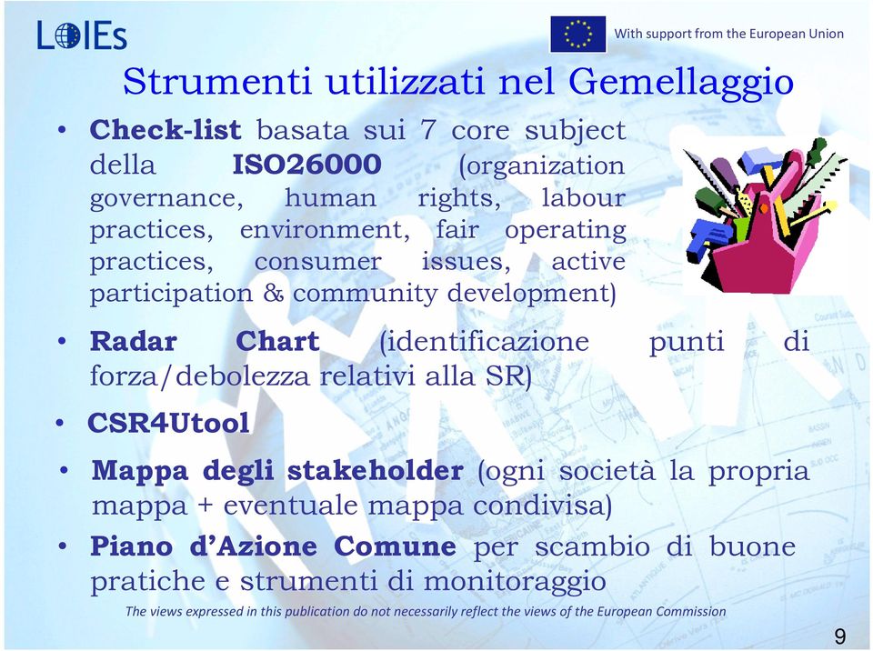 development) Radar Chart (identificazione punti di forza/debolezza relativi alla SR) CSR4Utool Mappa degli stakeholder