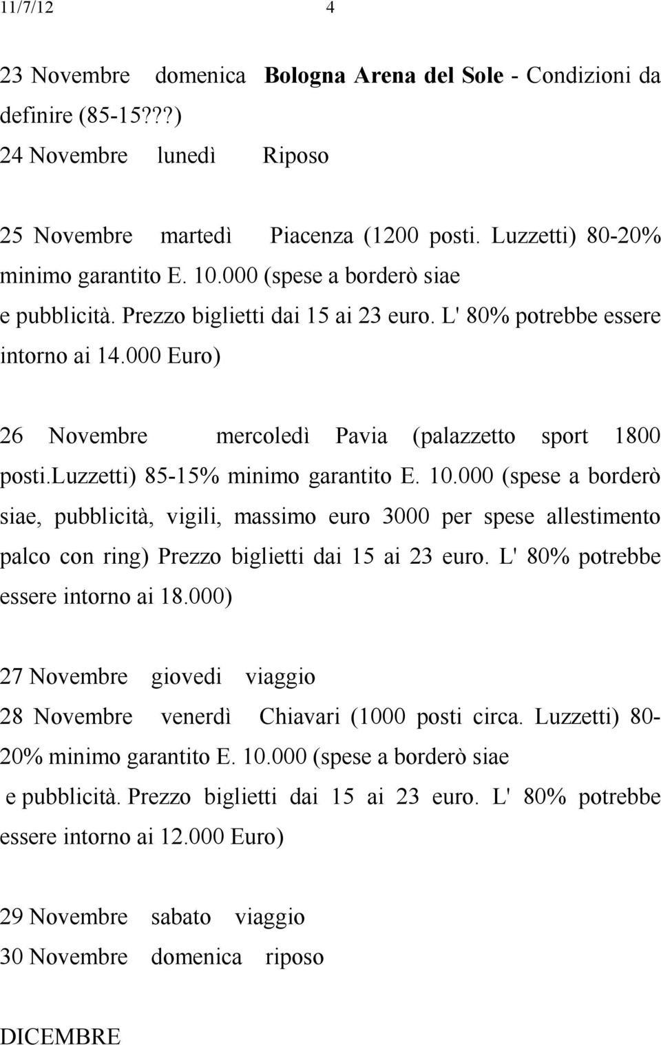 luzzetti) 85-15% minimo garantito E. 10.000 (spese a borderò siae, pubblicità, vigili, massimo euro 3000 per spese allestimento palco con ring) Prezzo biglietti dai 15 ai 23 euro.