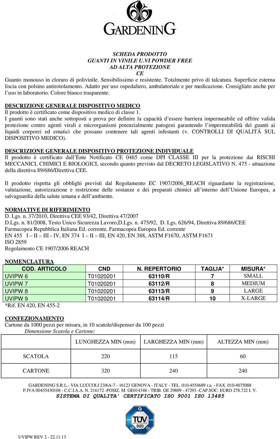 DESCRIZIONE GENERALE DISPOSITIVO MEDICO Il prodotto è certificato come dispositivo medico di classe 1.