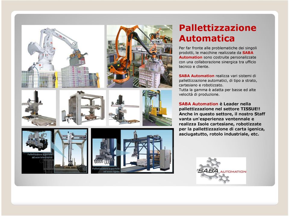 SABA Automation realizza vari sistemi di pallettizzazione automatici, di tipo a strato, cartesiano e robotizzato.