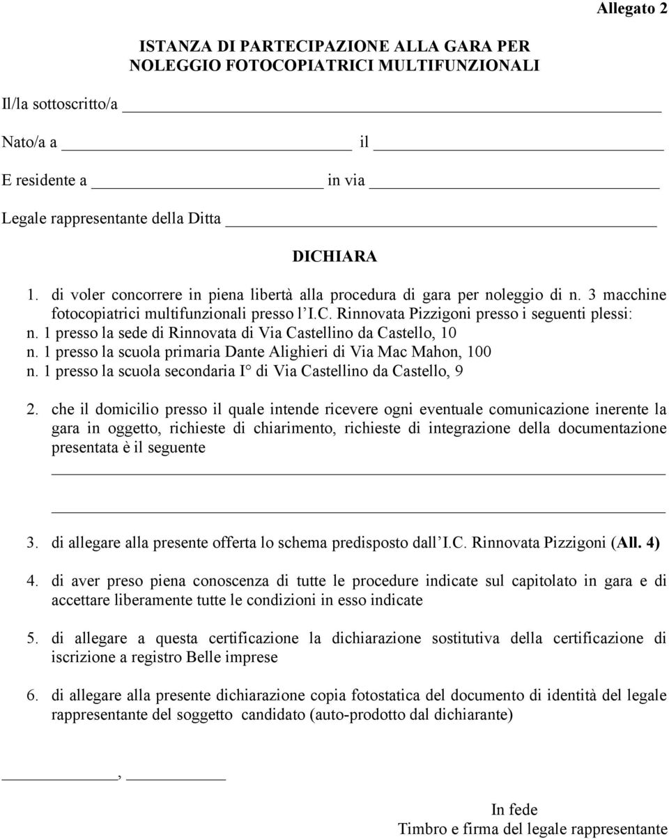 1 presso la sede di Rinnovata di Via Castellino da Castello, 10 n. 1 presso la scuola primaria Dante Alighieri di Via Mac Mahon, 100 n.