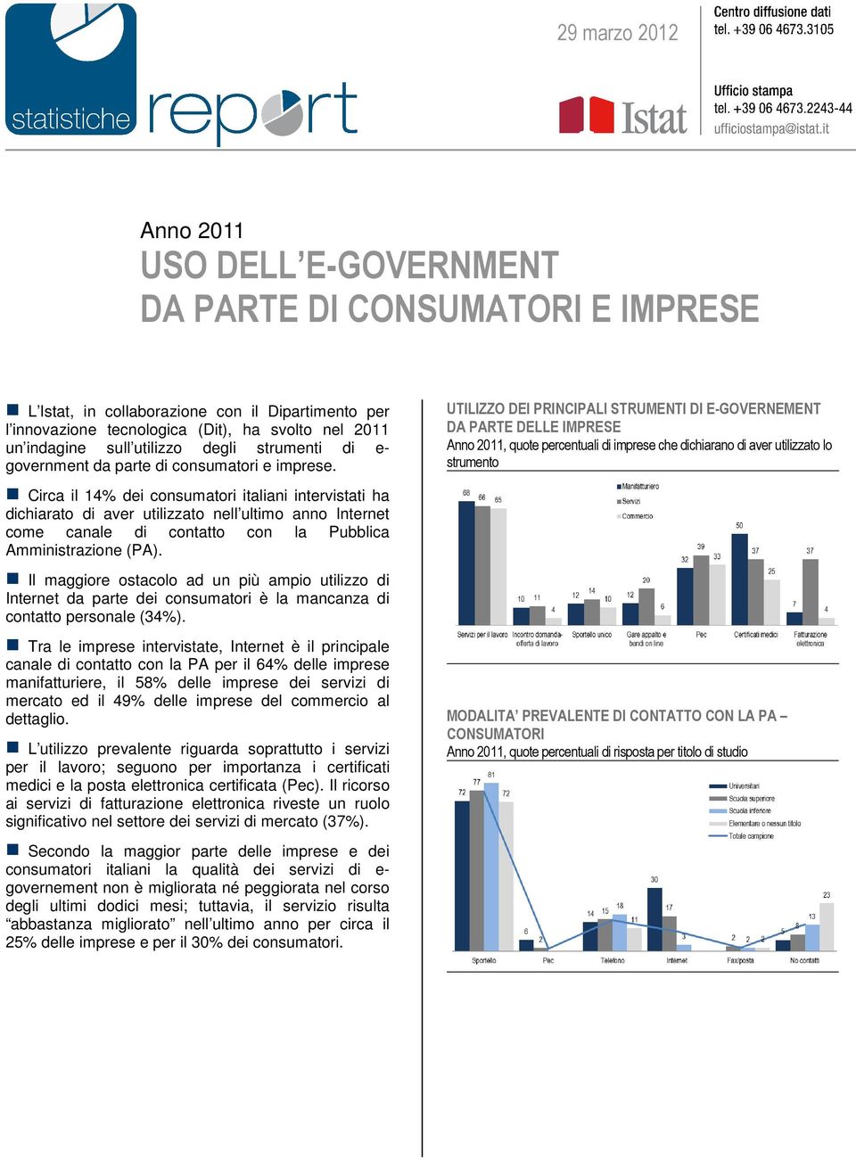 UTILIZZO DEI PRINCIPALI STRUMENTI DI E-GOVERNEMENT DA PARTE DELLE IMPRESE Anno 2011, quote percentuali di imprese che dichiarano di aver utilizzato lo strumento Circa il 14% dei consumatori italiani