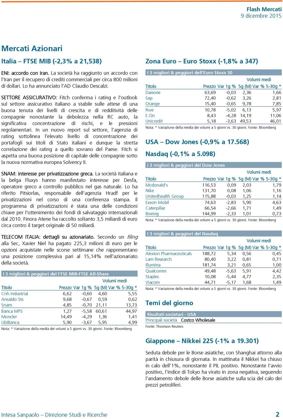 SETTORE ASSICURATIVO: Fitch conferma i rating e l'outlook sul settore assicurativo italiano a stabile sulle attese di una buona tenuta dei livelli di crescita e di redditività delle compagnie