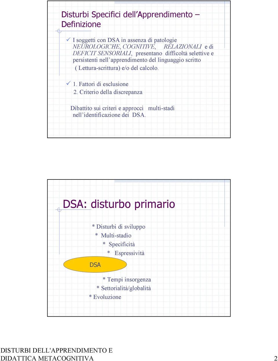 Fattori di esclusione 2. Criterio della discrepanza Dibattito sui criteri e approcci multi-stadi nell identificazione dei DSA.