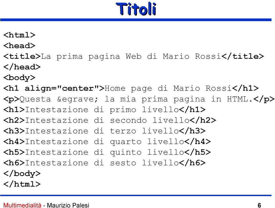 </p> <h1>intestazione di primo livello</h1> <h2>intestazione di secondo livello</h2> <h3>intestazione di terzo