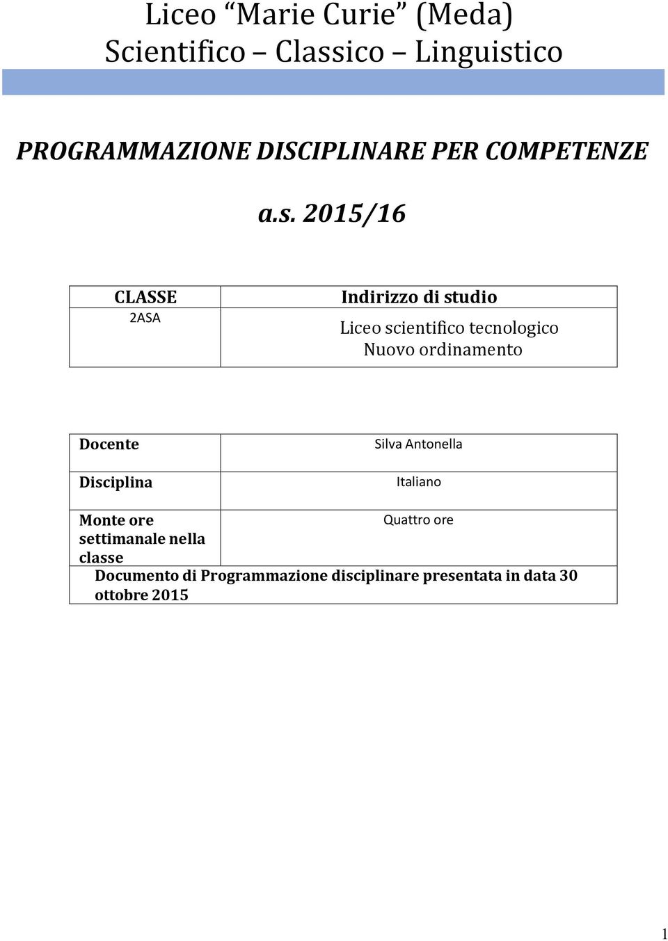 205/6 CLASSE 2ASA Indirizzo di studio Liceo scientifico tecnologico Nuovo ordinamento