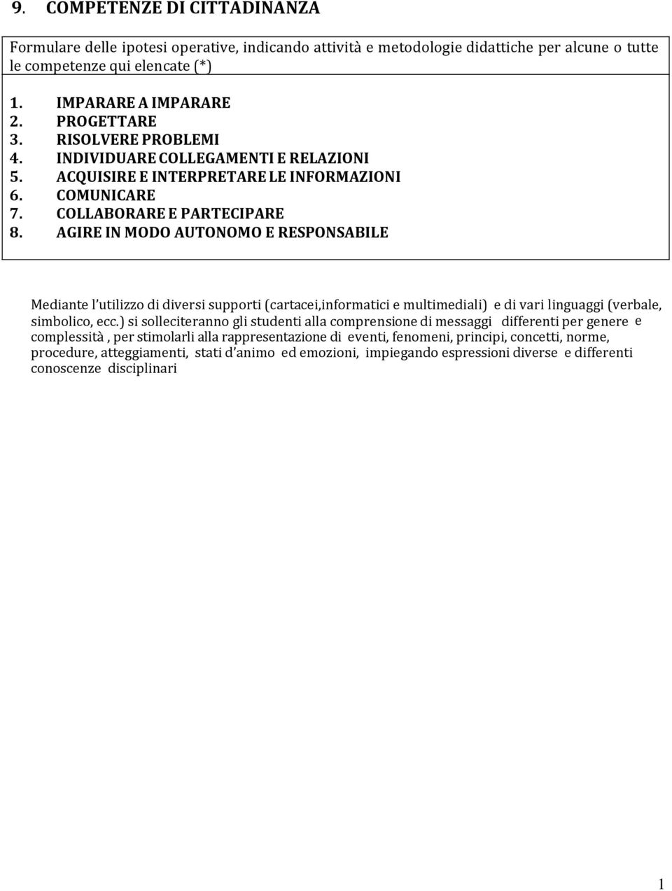 AGIRE IN MODO AUTONOMO E RESPONSABILE Mediante l utilizzo di diversi supporti (cartacei,informatici e multimediali) e di vari linguaggi (verbale, simbolico, ecc.