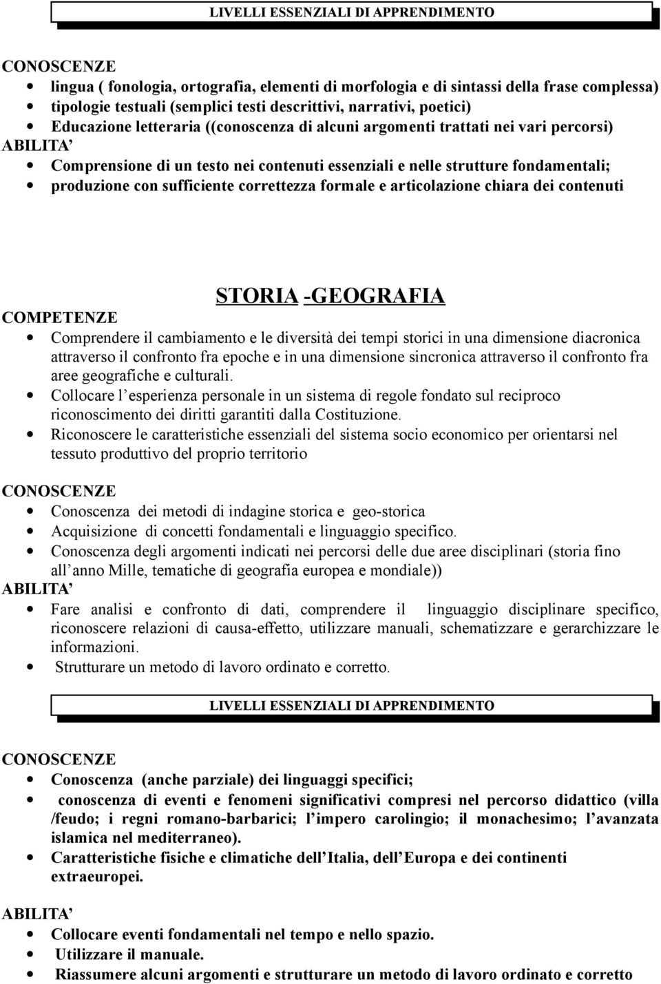 correttezza formale e articolazione chiara dei contenuti STORIA -GEOGRAFIA Comprendere il cambiamento e le diversità dei tempi storici in una dimensione diacronica attraverso il confronto fra epoche