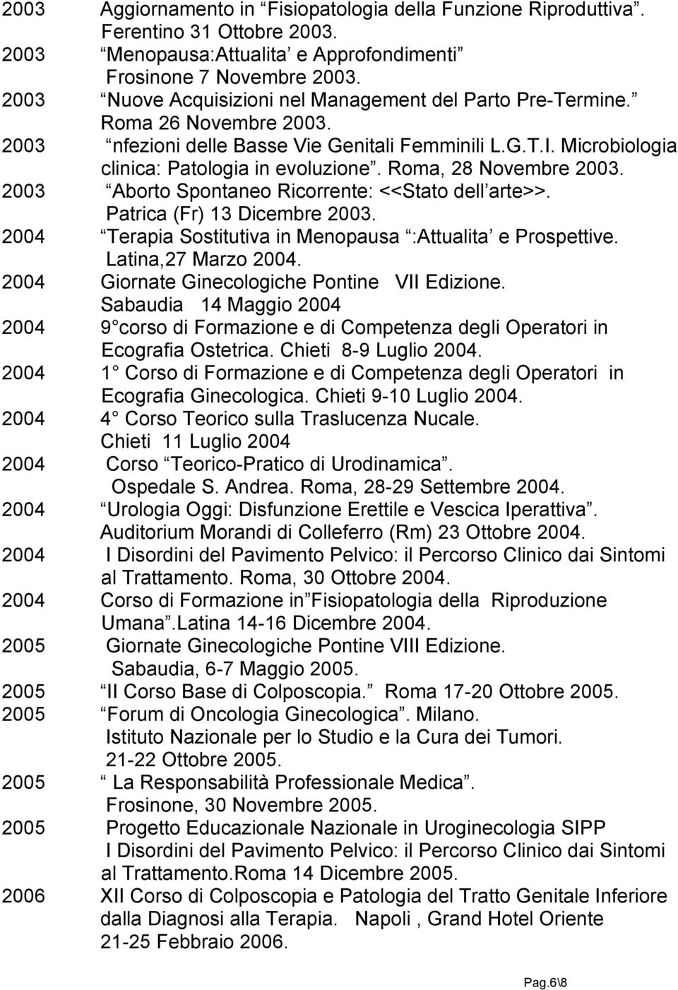 Roma, 28 Novembre 2003. 2003 Aborto Spontaneo Ricorrente: <<Stato dell arte>>. Patrica (Fr) 13 Dicembre 2003. 2004 Terapia Sostitutiva in Menopausa :Attualita e Prospettive. Latina,27 Marzo 2004.