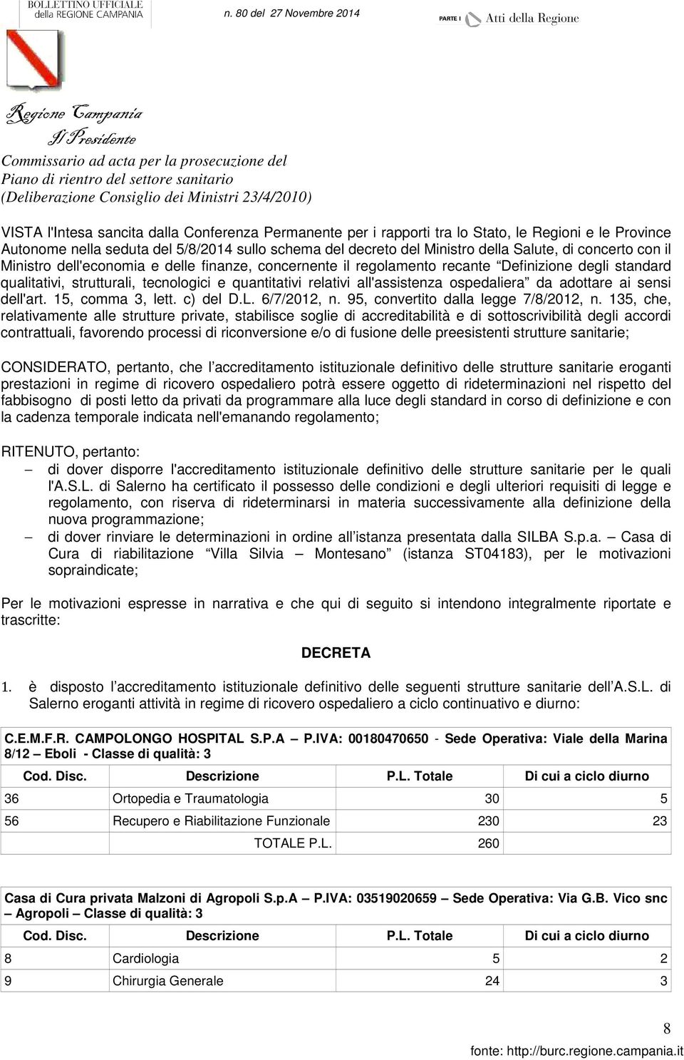 ospedaliera da adottare ai sensi dell'art. 15, comma 3, lett. c) del D.L. 6/7/2012, n. 95, convertito dalla legge 7/8/2012, n.