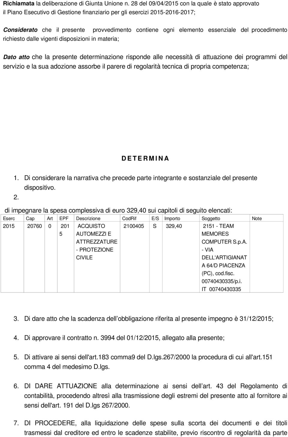 materia; provvedimento contiene ogni elemento essenziale del procedimento Dato atto che la presente determinazione risponde alle necessità di attuazione dei programmi del servizio e la sua adozione