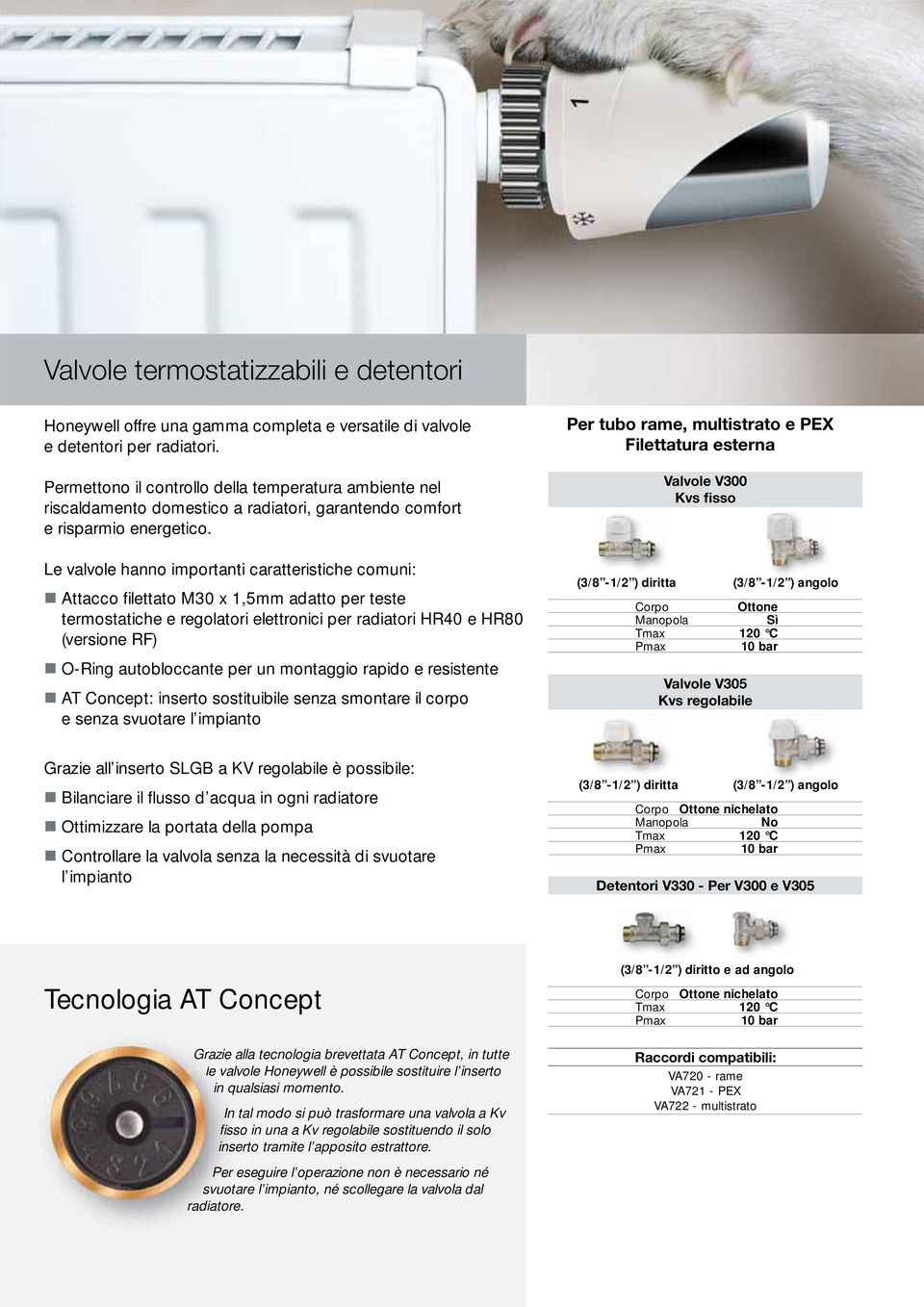 Le valvole hanno importanti caratteristiche comuni: Attacco fi lettato M30 x 1,5mm adatto per teste termostatiche e regolatori elettronici per radiatori HR40 e HR80 (versione RF) O-Ring autobloccante