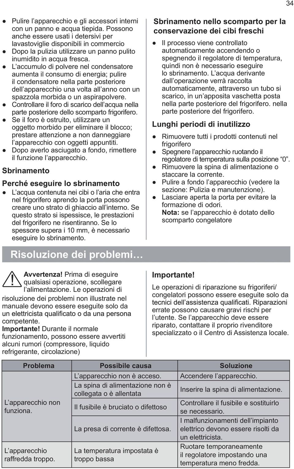 L accumulo di polvere nel condensatore aumenta il consumo di energia; pulire il condensatore nella parte posteriore dell apparecchio una volta all anno con un spazzola morbida o un aspirapolvere.