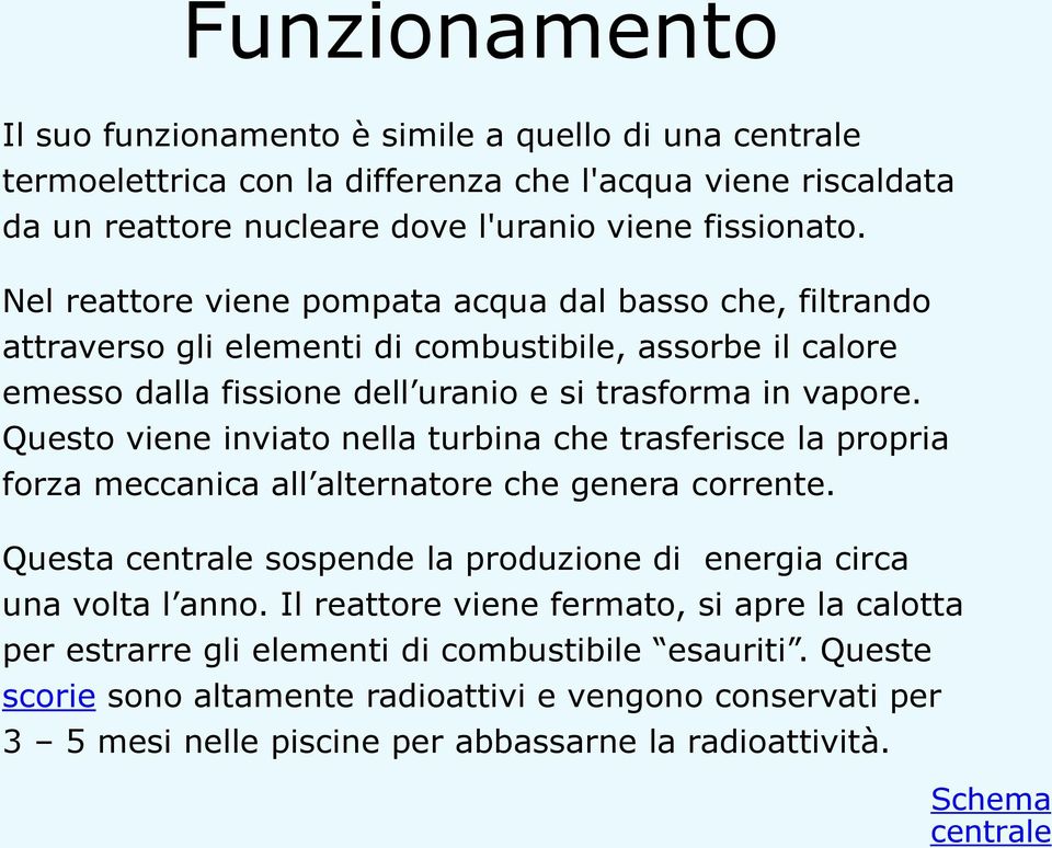 Questo viene inviato nella turbina che trasferisce la propria forza meccanica all alternatore che genera corrente. Questa centrale sospende la produzione di energia circa una volta l anno.