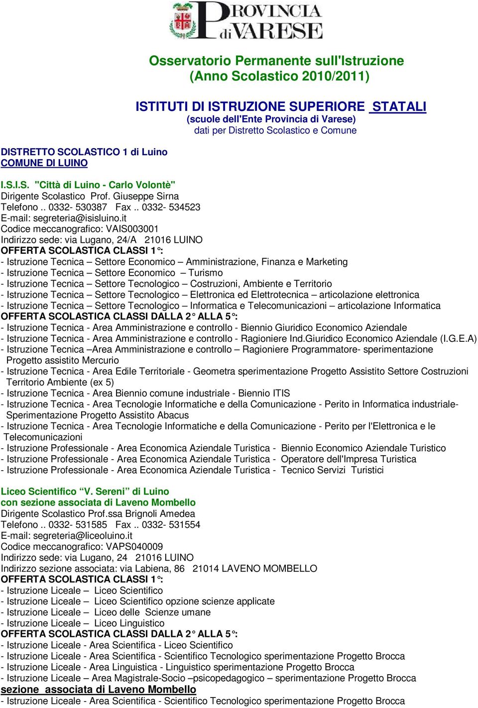 it Codice meccanografico: VAIS003001 Indirizzo sede: via Lugano, 24/A 21016 LUINO - Istruzione Tecnica Settore Economico Amministrazione, Finanza e Marketing - Istruzione Tecnica Settore Economico
