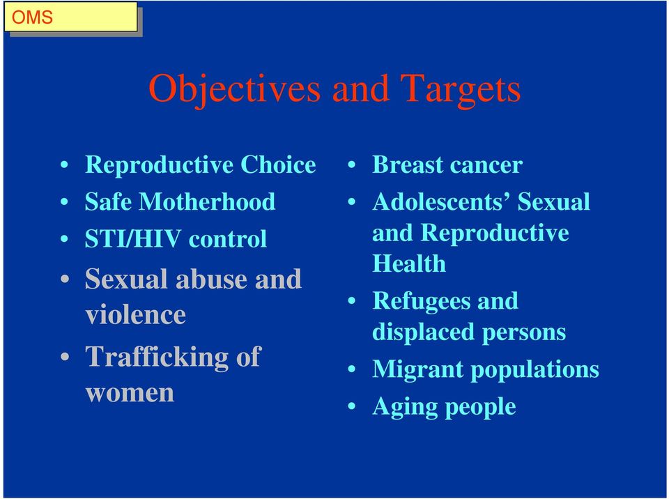 Trafficking of women Breast cancer Adolescents Sexual and