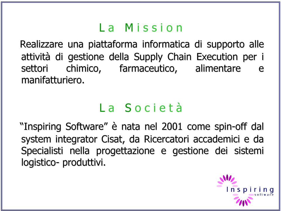 L a S o c i e t à Inspiring Software è nata nel 2001 come spin-off dal system integrator Cisat, da