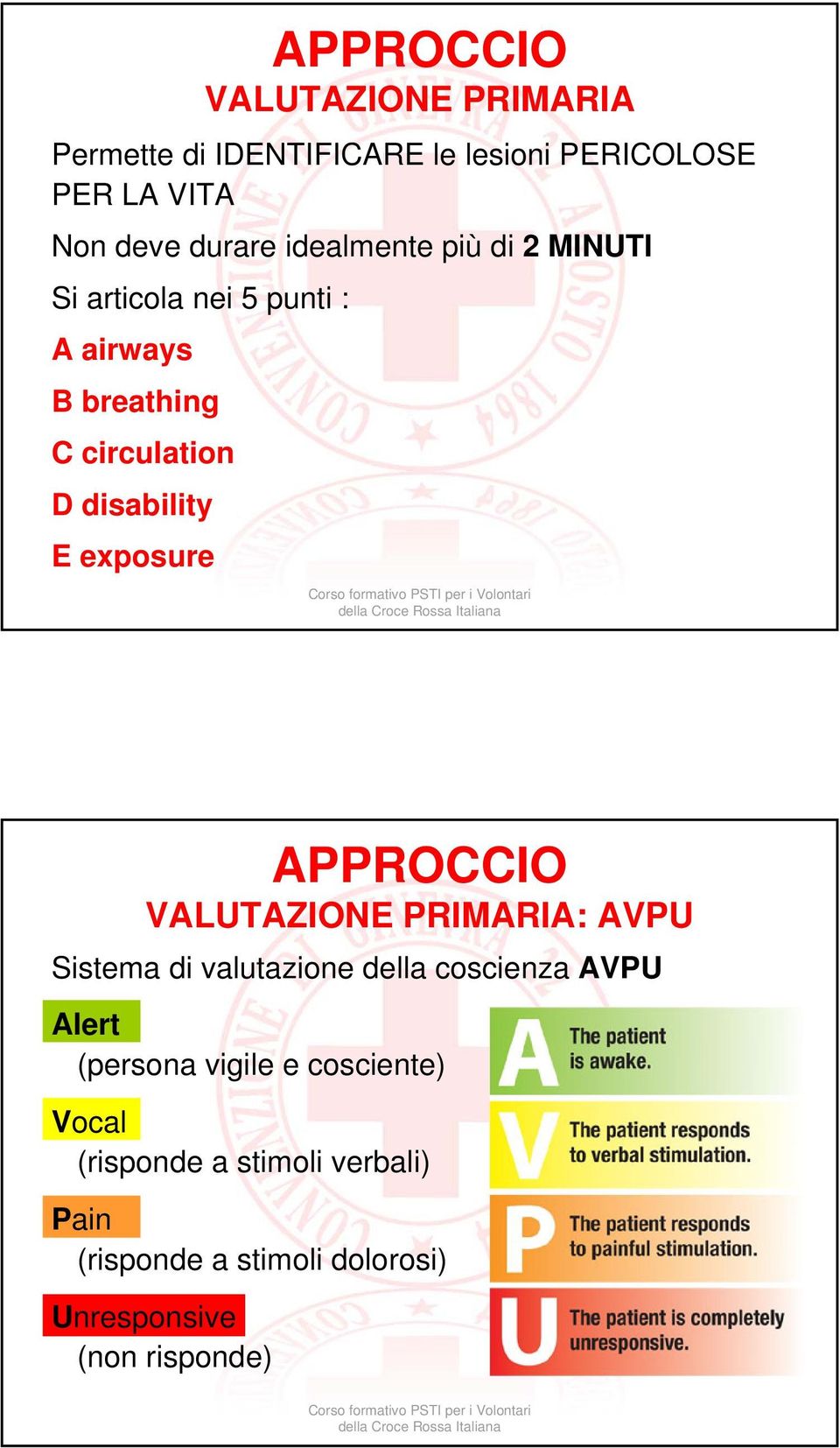 E exposure VALUTAZIONE PRIMARIA: AVPU Sistema di valutazione della coscienza AVPU Alert (persona