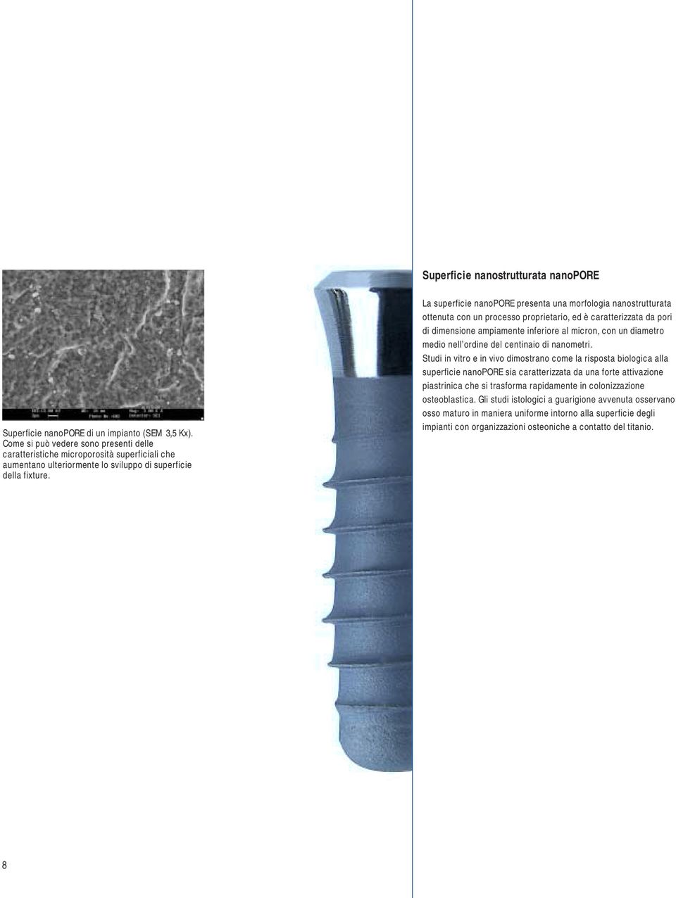 La superficie nanopore presenta una morfologia nanostrutturata ottenuta con un processo proprietario, ed è caratterizzata da pori di dimensione ampiamente inferiore al micron, con un diametro medio