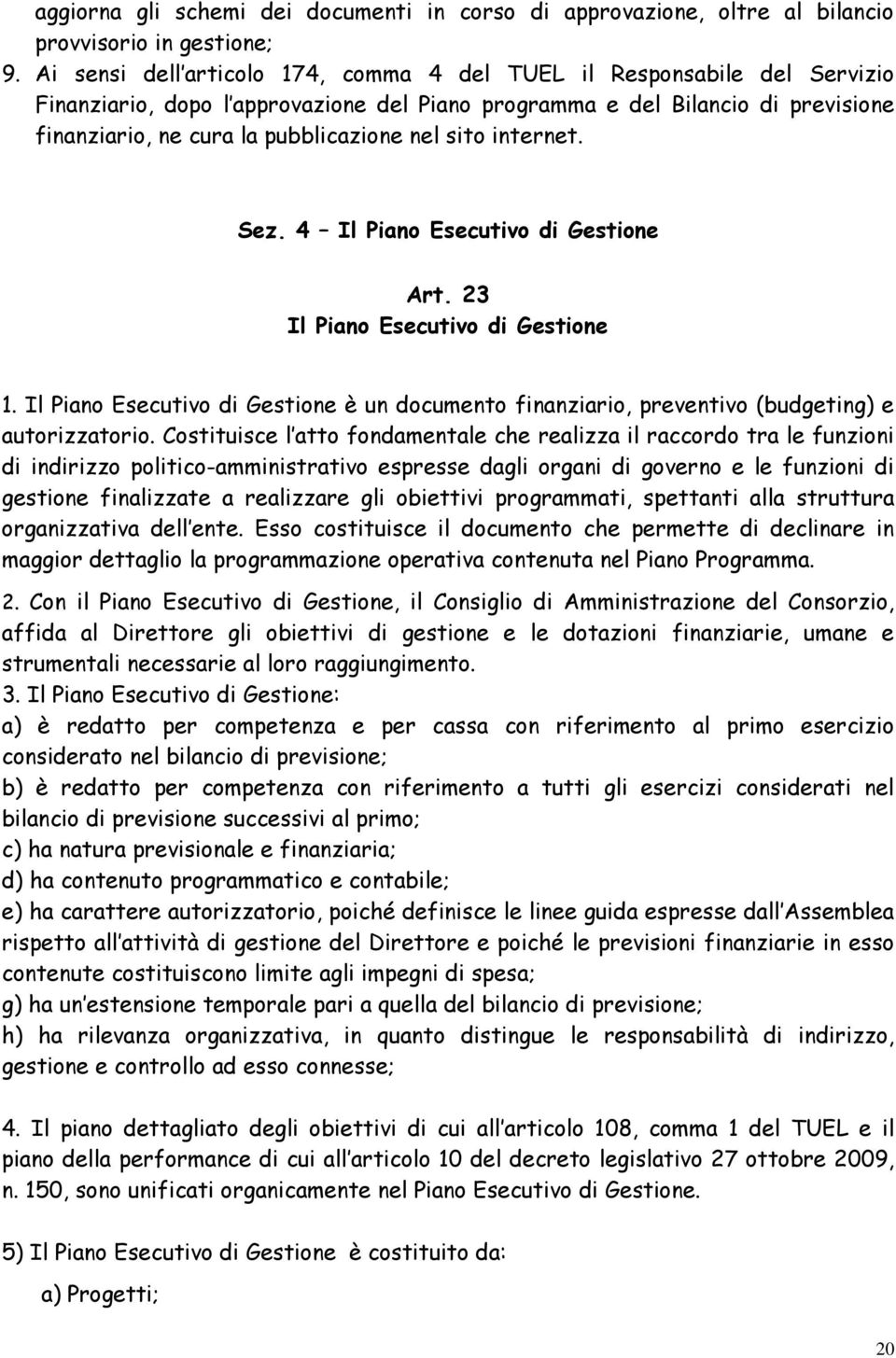 sito internet. Sez. 4 Il Piano Esecutivo di Gestione Art. 23 Il Piano Esecutivo di Gestione 1. Il Piano Esecutivo di Gestione è un documento finanziario, preventivo (budgeting) e autorizzatorio.