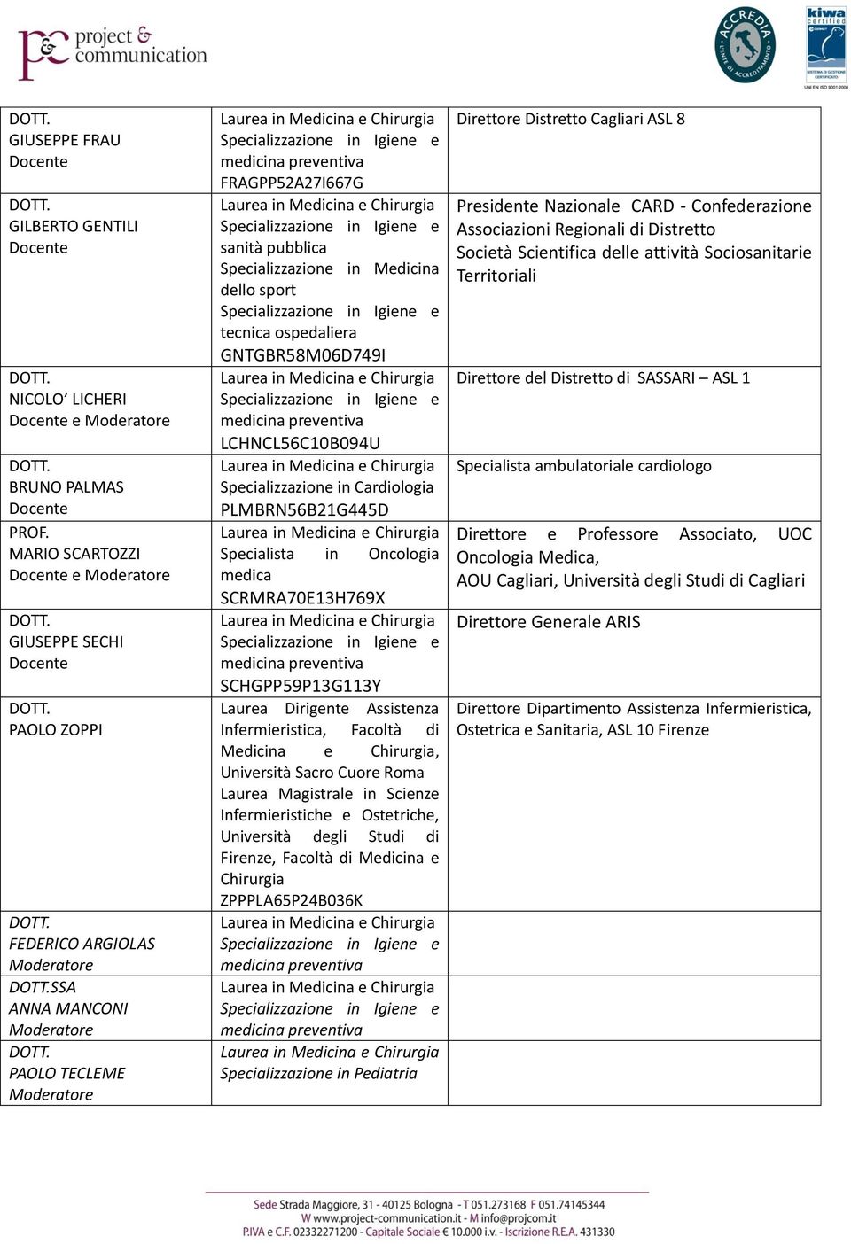 GNTGBR58M06D749I LCHNCL56C10B094U Specializzazione in Cardiologia PLMBRN56B21G445D Specialista in Oncologia medica SCRMRA70E13H769X SCHGPP59P13G113Y Laurea Dirigente Assistenza Infermieristica,