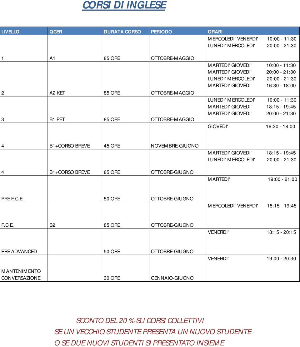 MARTEDI' GIOVEDI' 20:00-21:30 GIOVEDI' 16:30-18:00 4 B1+CORSO BREVE 45 ORE NOVEMBRE-GIUGNO 4 B1+CORSO BREVE 85 ORE OTTOBRE-GIUGNO MARTEDI' GIOVEDI' 18:15-19:45 LUNEDI' MERCOLEDI' 20:00-21:30 MARTEDI'