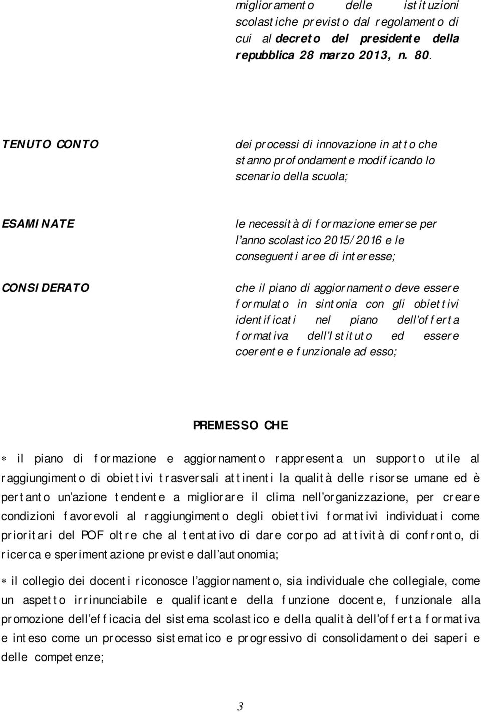 e le conseguenti aree di interesse; che il piano di aggiornamento deve essere formulato in sintonia con gli obiettivi identificati nel piano dell offerta formativa dell Istituto ed essere coerente e