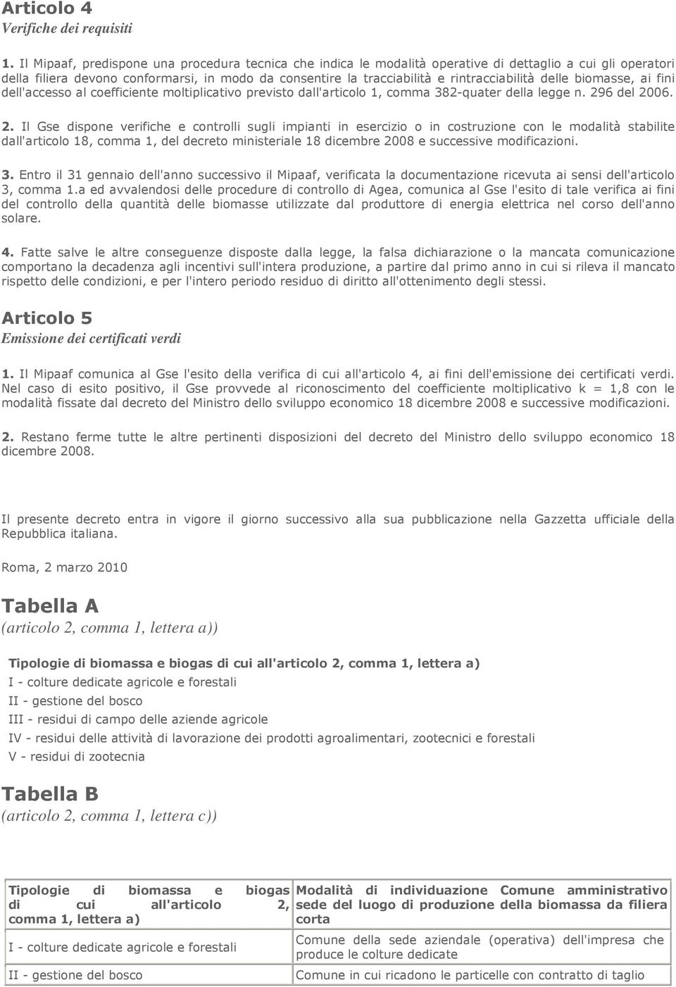 delle biomasse, ai fini dell'accesso al coefficiente moltiplicativo previsto dall'articolo 1, comma 382-quater della legge n. 29