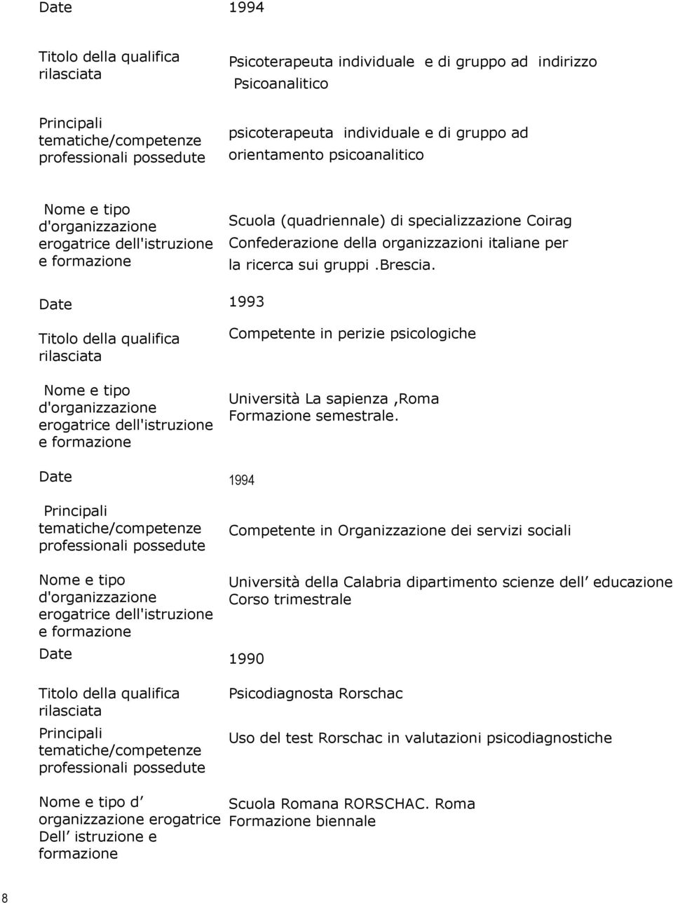 1993 Competente in perizie psicologiche Università La sapienza,roma Formazione semestrale.