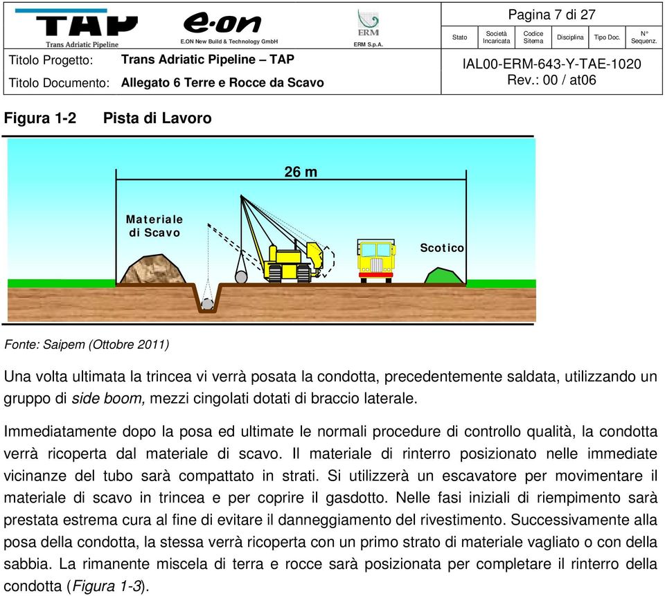 Immediatamente dopo la posa ed ultimate le normali procedure di controllo qualità, la condotta verrà ricoperta dal materiale di scavo.