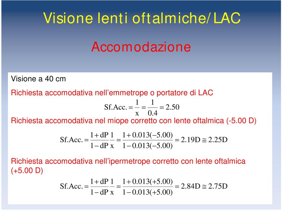 4 Richiesta accomodativa nel miope corretto con lente oftalmica (-5.00 D) 1 dp Sf.Acc. 1 dp 1 x 1 0.