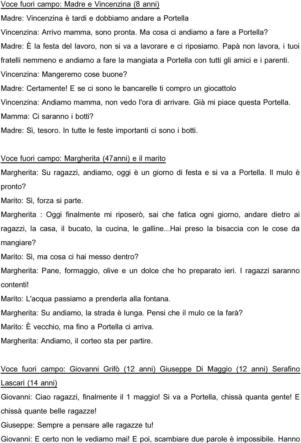 Vincenzina: Mangeremo cose buone? Madre: Certamente! E se ci sono le bancarelle ti compro un giocattolo Vincenzina: Andiamo mamma, non vedo l'ora di arrivare. Già mi piace questa Portella.