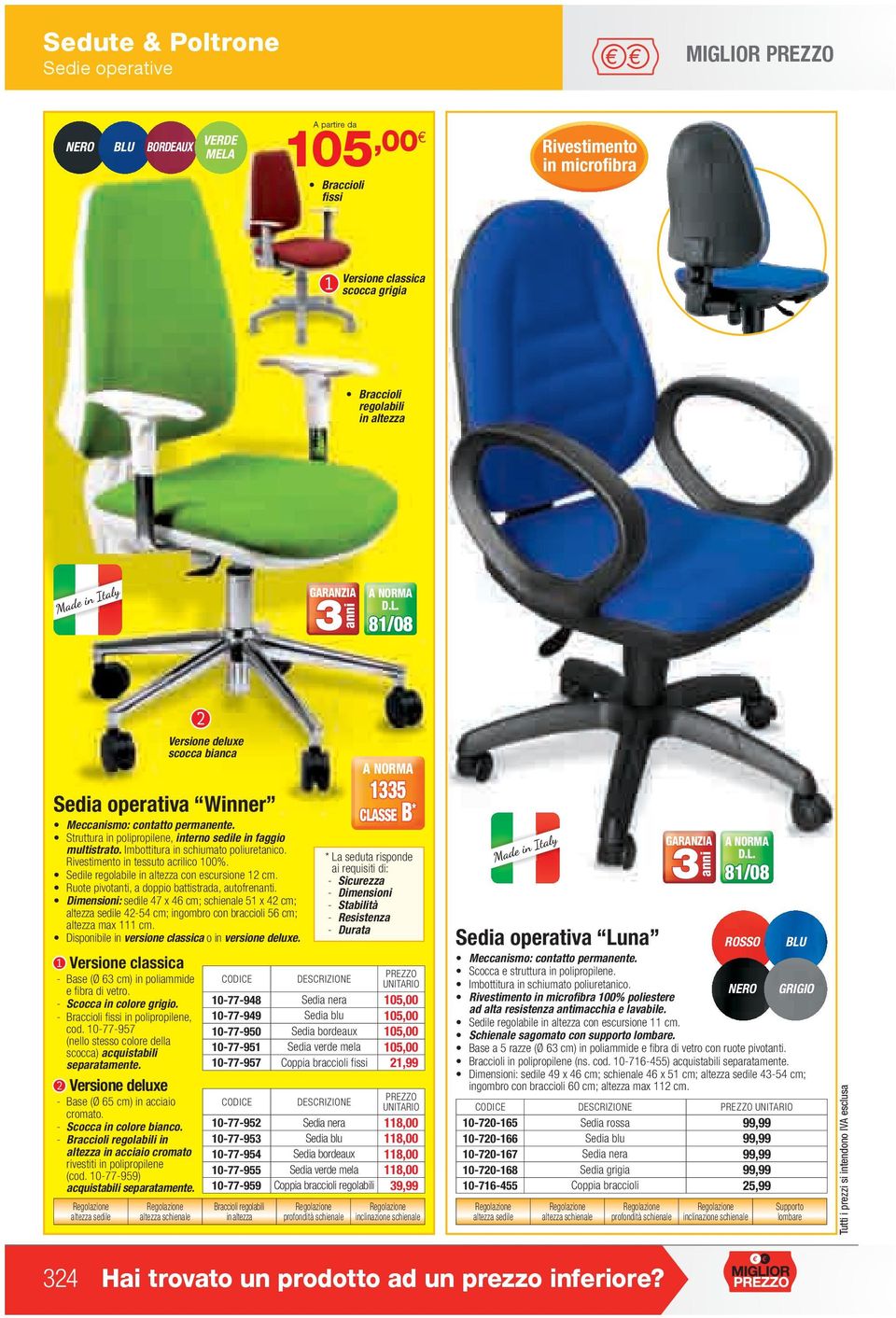 Ruote pivotanti, a doppio battistrada, autofrenanti. Dimensioni: sedile 47 x 46 cm; schienale 51 x 42 cm; altezza sedile 42-54 cm; ingombro con braccioli 56 cm; altezza max 111 cm.