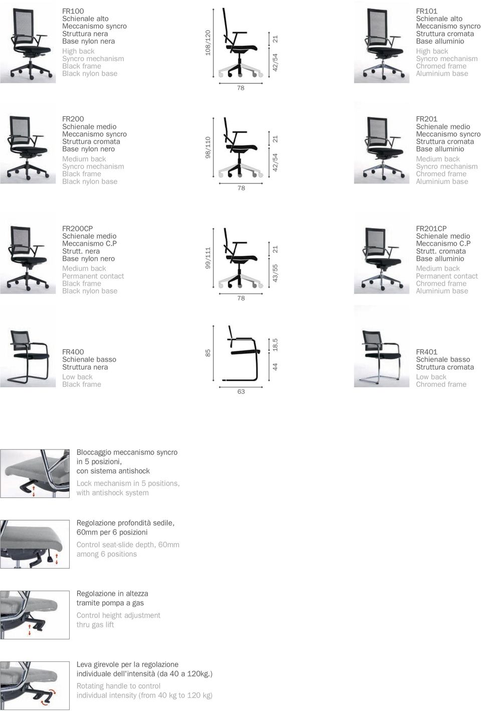 nylon base 98/110 78 42/54 21 FR201 Schienale medio Meccanismo syncro Struttura cromata Base alluminio Medium back Syncro mechanism Chromed frame Aluminium base FR200CP Schienale medio Meccanismo C.