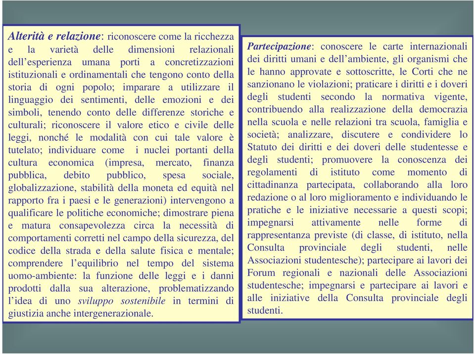 delle leggi, nonché le modalità con cui tale valore è tutelato; individuare come i nuclei portanti della cultura economica (impresa, mercato, finanza pubblica, debito pubblico, spesa sociale,