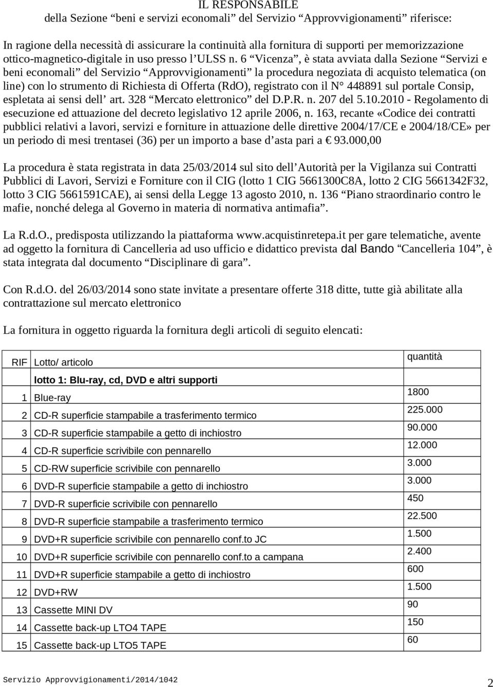 6 Vicenza, è stata avviata dalla Sezione Servizi e beni economali del Servizio Approvvigionamenti la procedura negoziata di acquisto telematica (on line) con lo strumento di Richiesta di Offerta