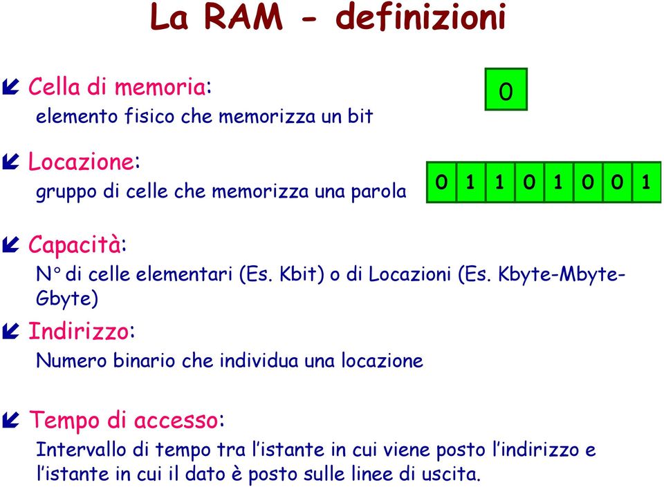 Kbyte-Mbyte- Gbyte) Indirizzo: Numero binario che individua una locazione Tempo di accesso: Intervallo di