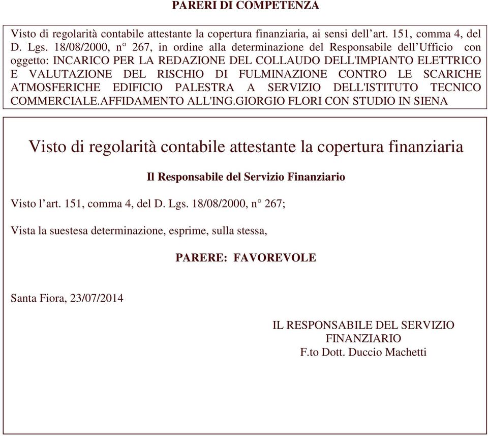 CONTRO LE SCARICHE ATMOSFERICHE EDIFICIO PALESTRA A SERVIZIO DELL'ISTITUTO TECNICO COMMERCIALE.AFFIDAMENTO ALL'ING.