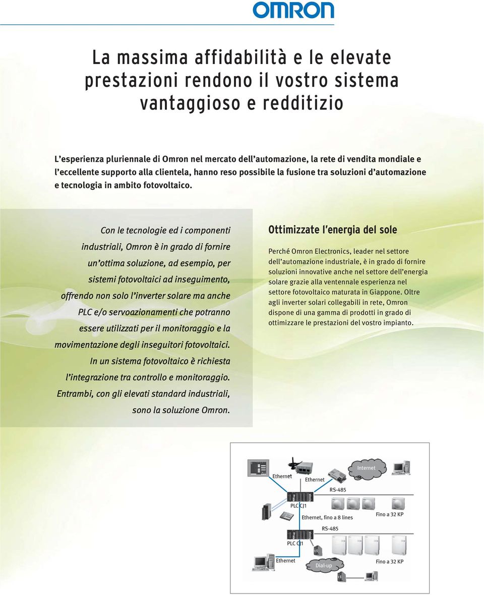 Con le tecnologie ed i componenti industriali, Omron è in grado di fornire un ottima soluzione, ad esempio, per sistemi fotovoltaici ad inseguimento, offrendo non solo l inverter solare ma anche PLC