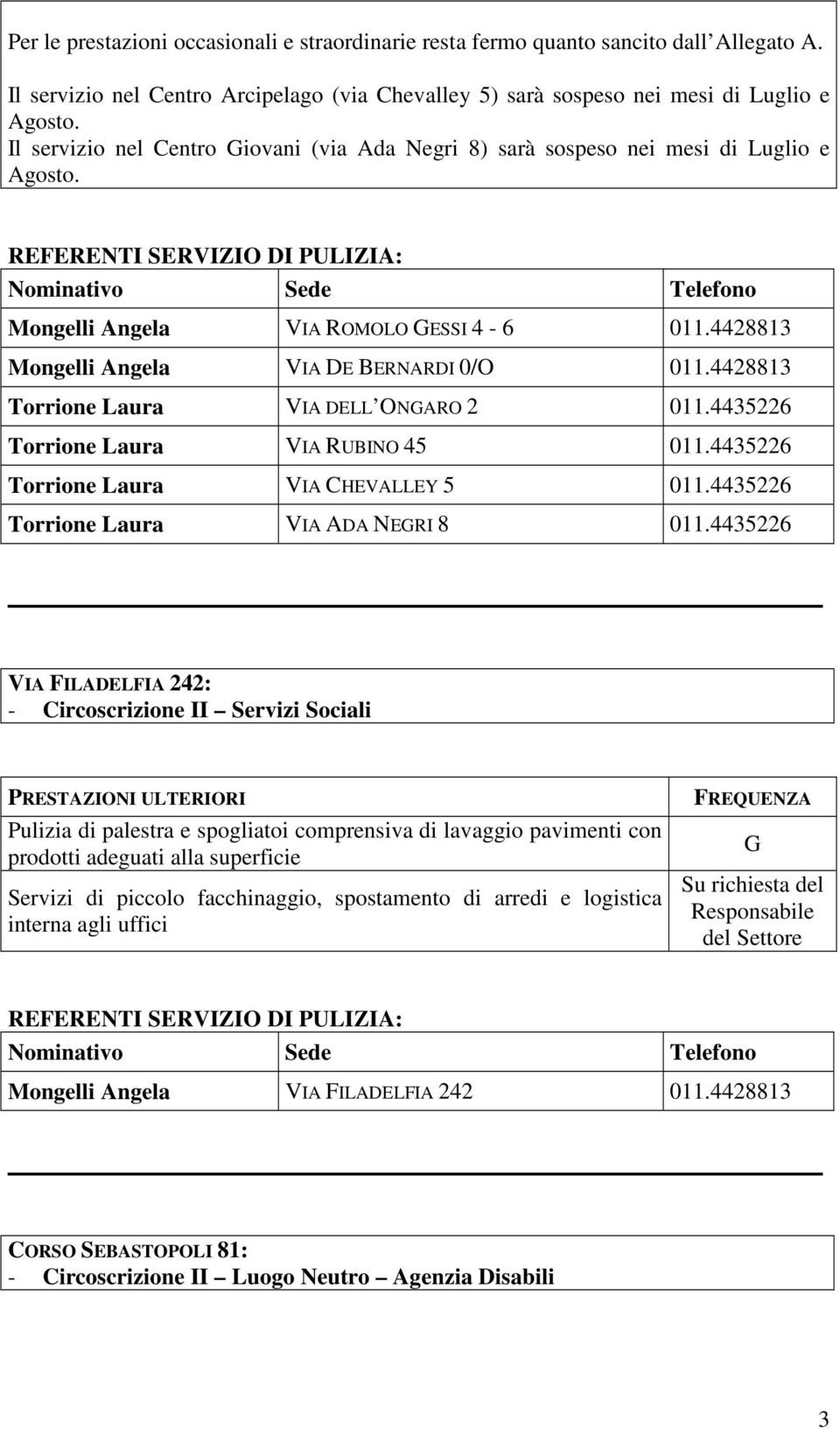 4428813 Torrione Laura VIA DELL ONGARO 2 011.4435226 Torrione Laura VIA RUBINO 45 011.4435226 Torrione Laura VIA CHEVALLEY 5 011.4435226 Torrione Laura VIA ADA NEGRI 8 011.