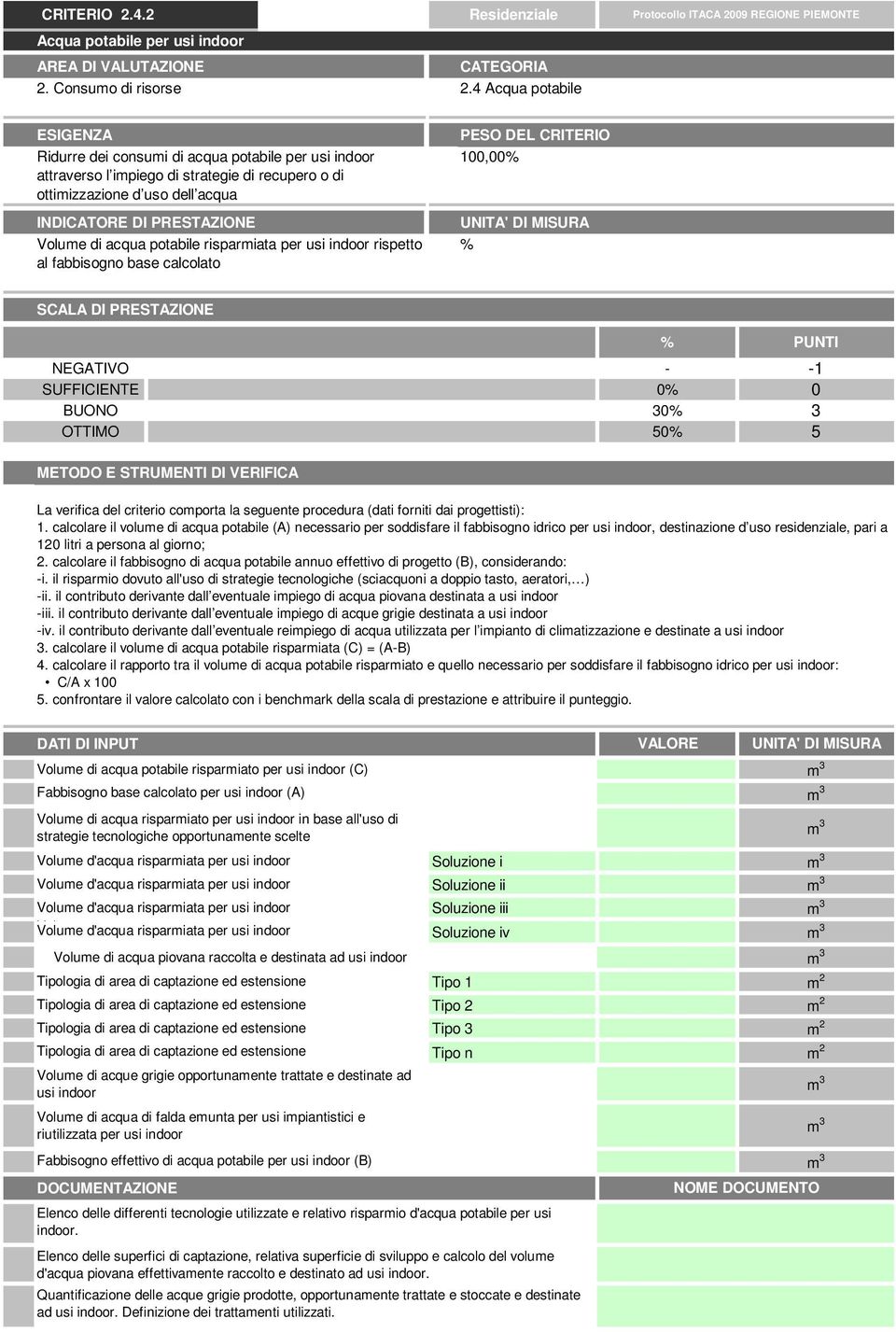 acqua potabile risparmiata per usi indoor rispetto al fabbisogno base calcolato 1, 1 La verifica del criterio comporta la seguente procedura (dati forniti dai progettisti): 1.