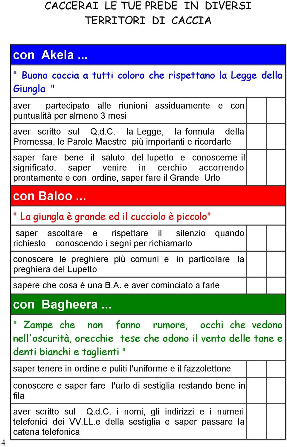 la Legge, la formula della Promessa, le Parole Maestre più importanti e ricordarle saper fare bene il saluto del lupetto e conoscerne il significato, saper venire in cerchio accorrendo prontamente e