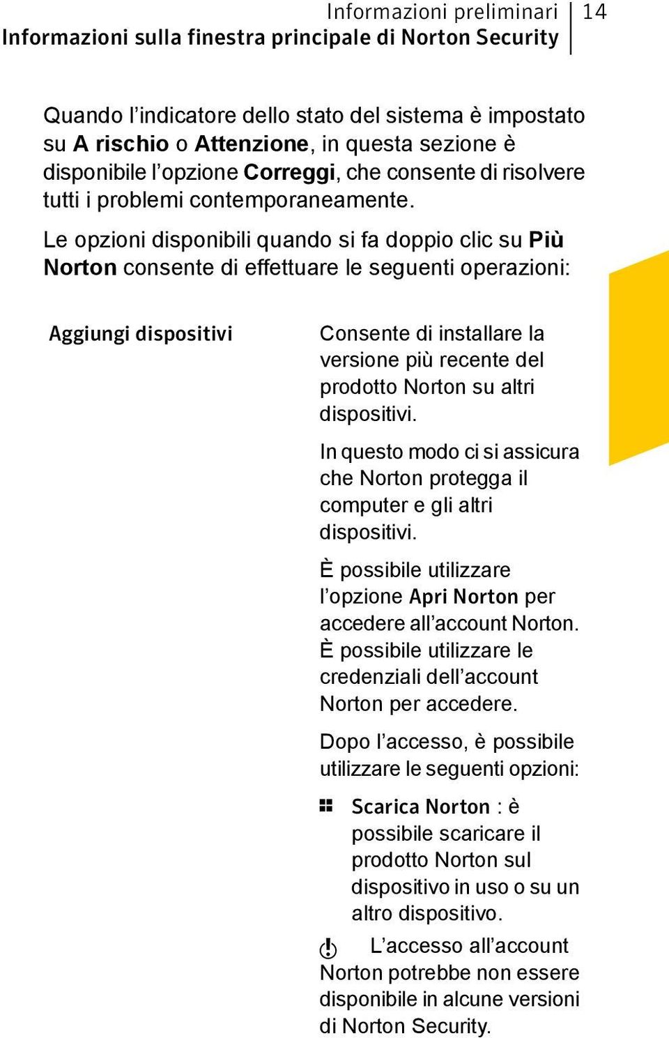 Le opzioni disponibili quando si fa doppio clic su Più Norton consente di effettuare le seguenti operazioni: Aggiungi dispositivi Consente di installare la versione più recente del prodotto Norton su