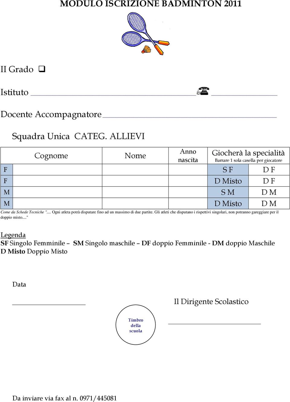 Schede Tecniche "... Ogni atleta potrà disputare fino ad un massimo di due partite.