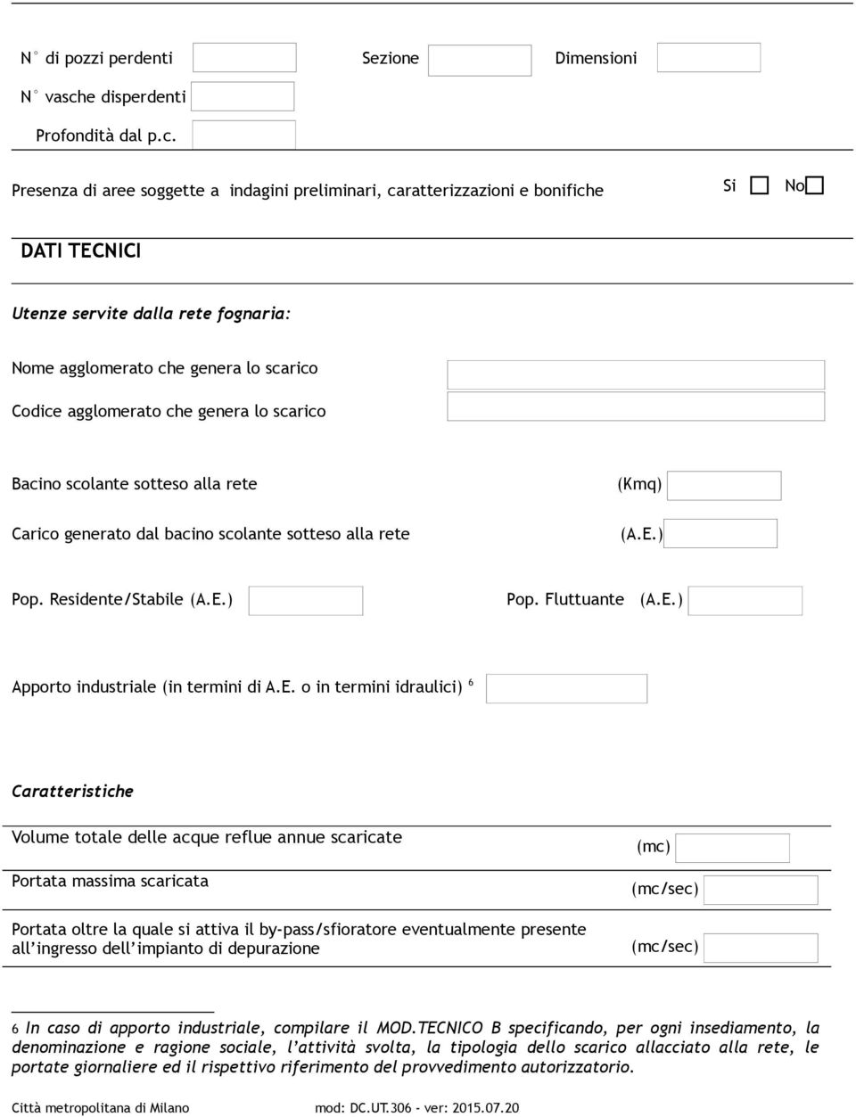 Presenza di aree soggette a indagini preliminari, caratterizzazioni e bonifiche DATI TECNICI Utenze servite dalla rete fognaria: me agglomerato che genera lo scarico Codice agglomerato che genera lo