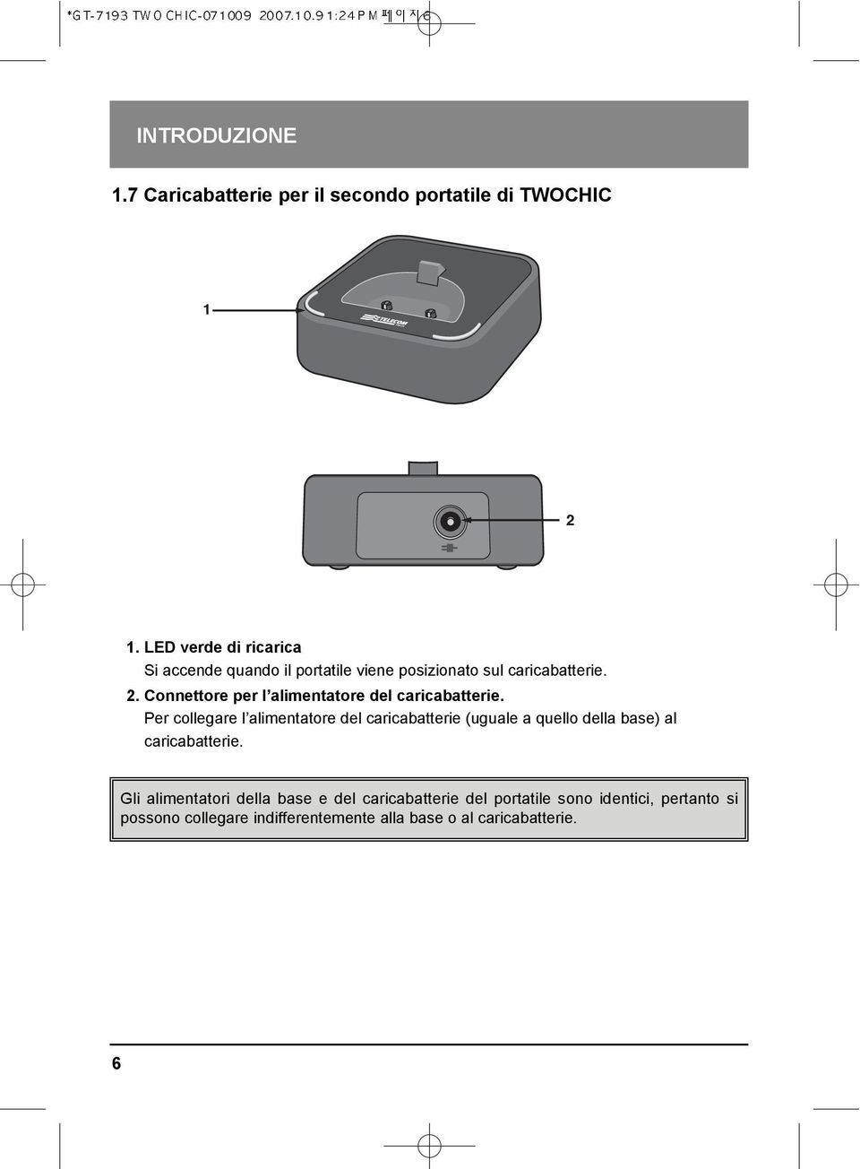 Connettore per l alimentatore del caricabatterie.