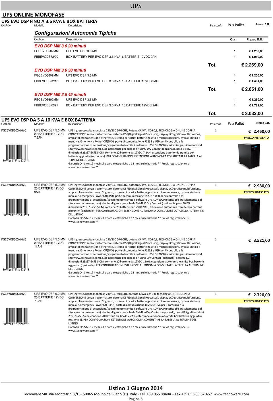 6 MM.25, FBBEVODS72/27 EVO DSP 3.6 KVA 8 BATTERIE 2VDC 9AH.782, EVO DSP DA 5 A KVA E BOX BATTERIA Tot. 3.32, FGCEVODS5MM/C EVO DSP 5. MM 2 BATTERIE 2VDC 7.