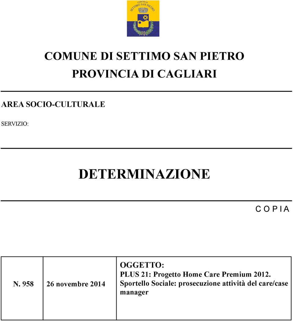 958 26 novembre 2014 OGGETTO: PLUS 21: Progetto Home Care